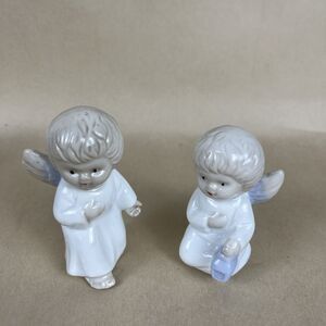 2 VTG Christmas Angel Boy Ceramic White Home Holiday Decor Wings Bell Rings 3-4”